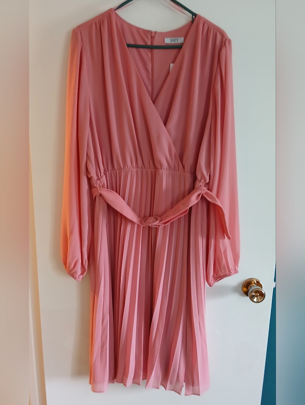 Suzy Shier Coral Pink Pleated Belted  Midi Dress